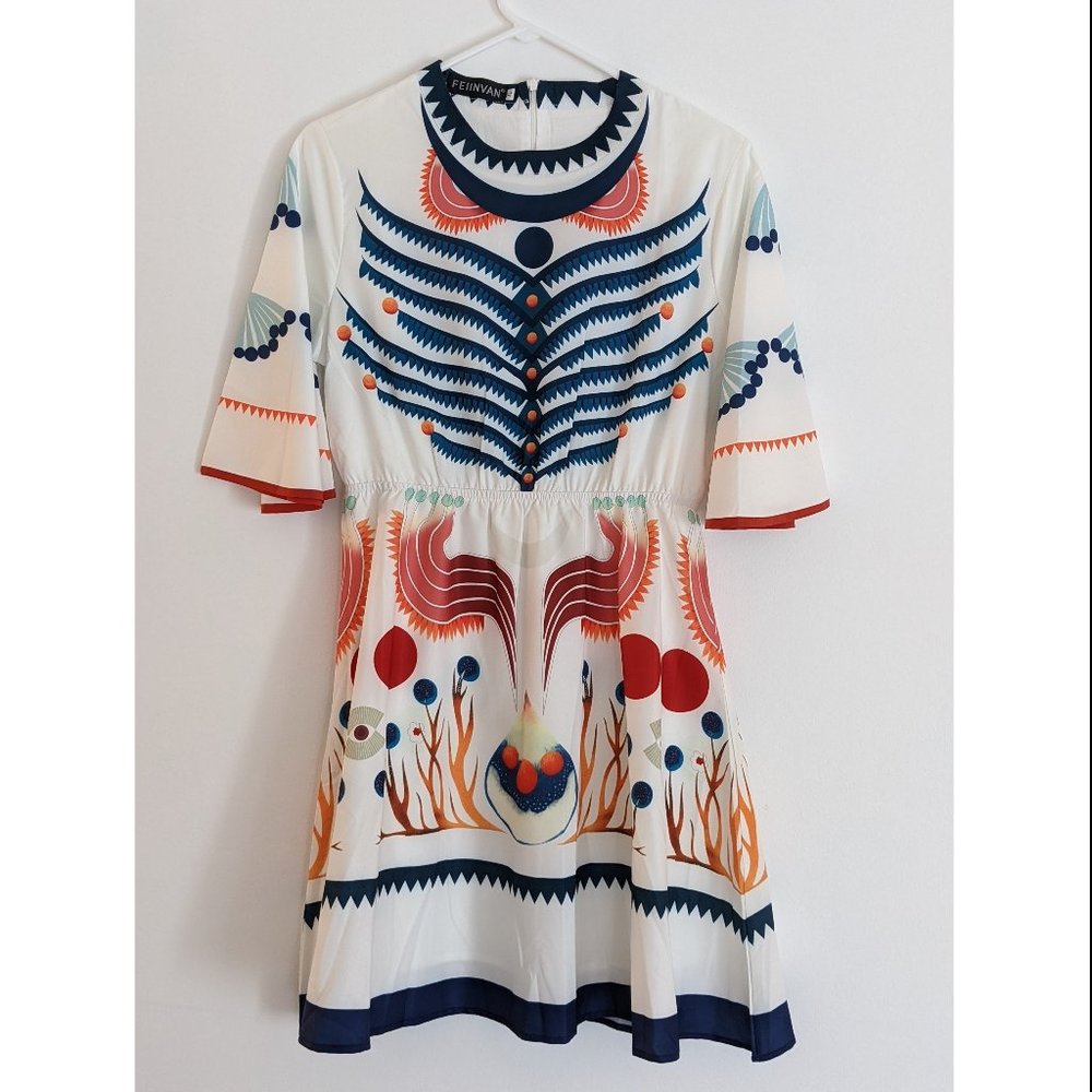 Lai Meng Five Cats- Multi-color Bell Sleeve Print Dress